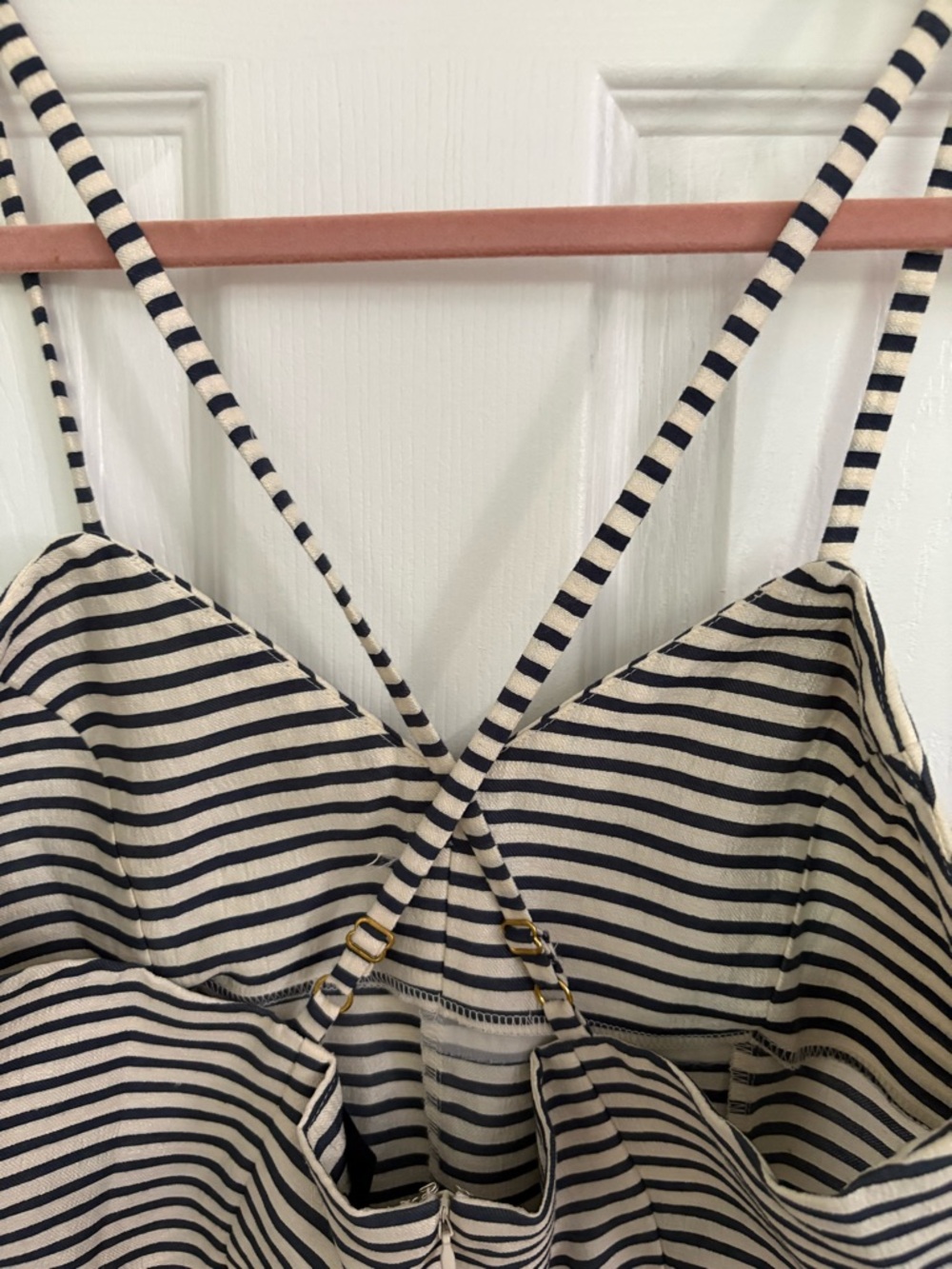 NBD sz M Navy & White Striped thin Strap Romper gold accents & crisscrossed back